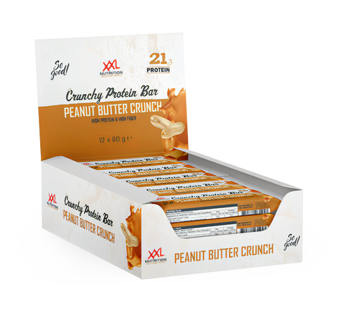 Crunchy Protein Bar by XXL Nutrition – Peanut Butter flavor with 21g of protein, a delicious high-protein snack in the Caribbean.